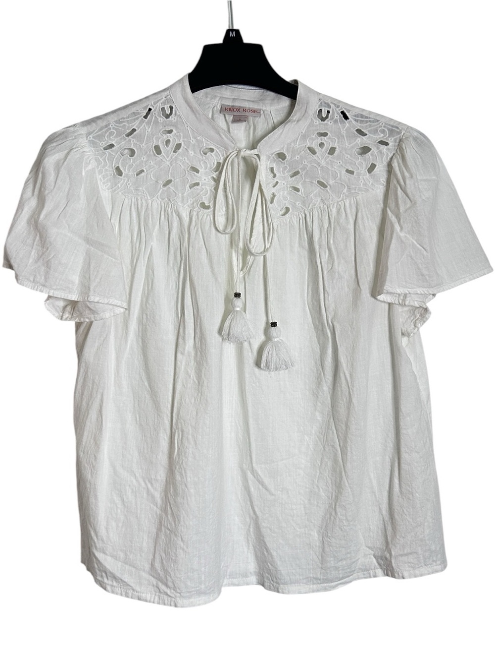 Knox Rose White Eyelet Embroidered Tassel Tie Flutter Sleeve Blouse M